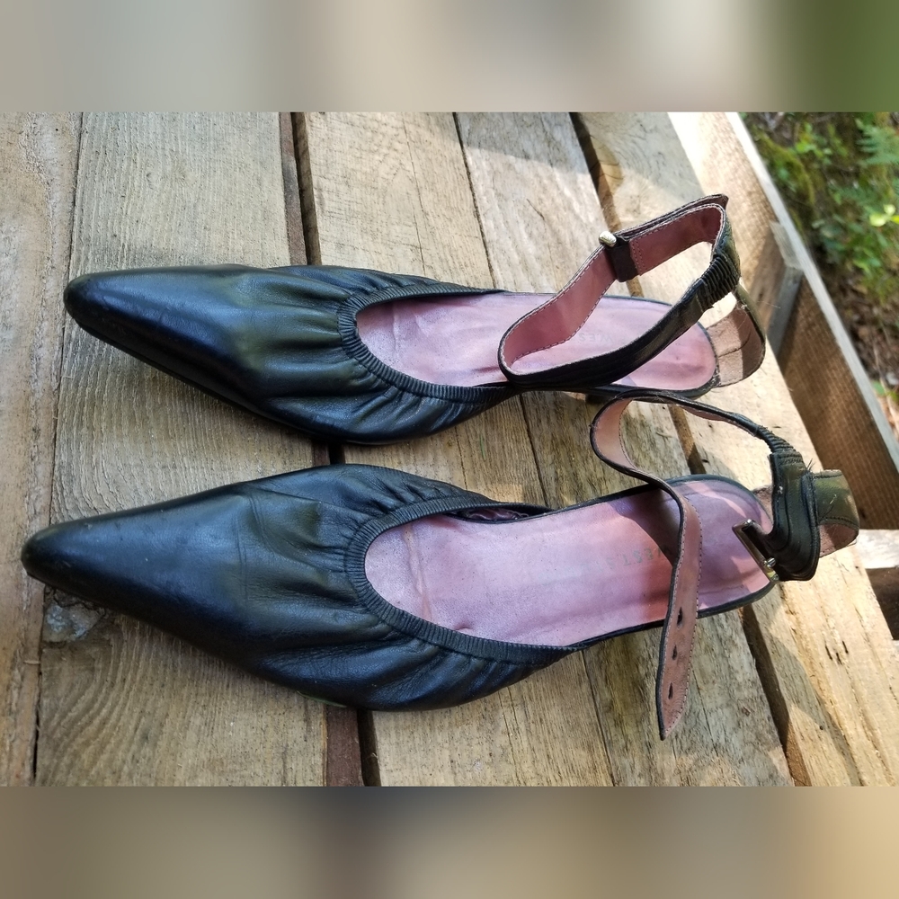 Size 7 Nine West Studio High Heel Flats Fullbloom Black Leather Ladies Pointed